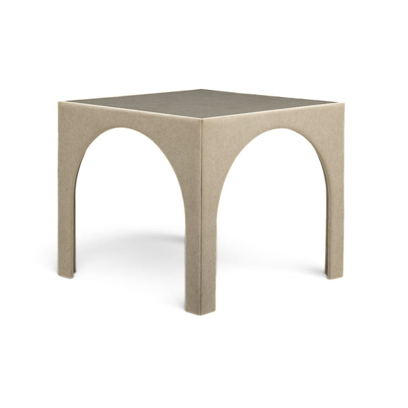 Beige fabric game table with rounded arch cutouts and light tabletop