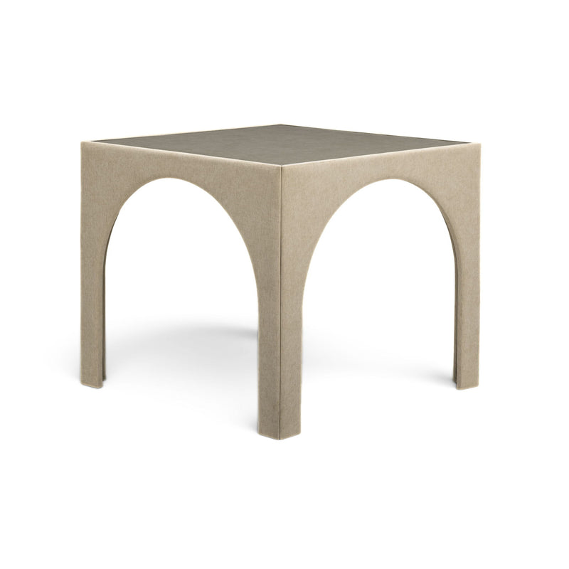 Beige fabric game table with rounded arch cutouts and light tabletop