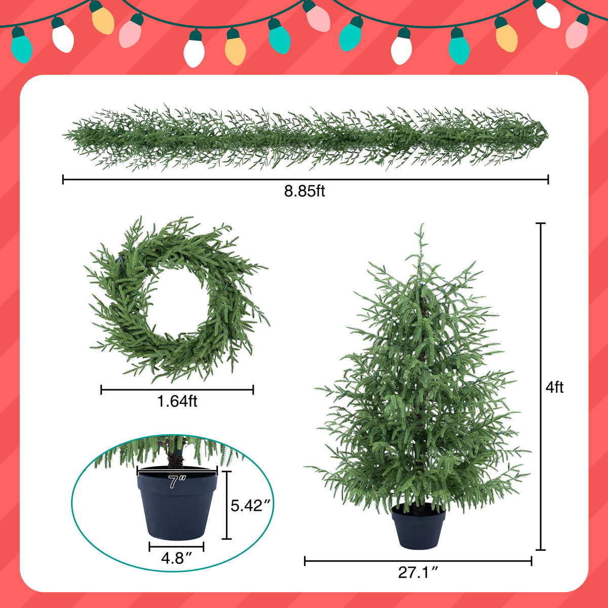 Artificial Christmas set dimensions for the trees, wreath, garland, and sturdy bases