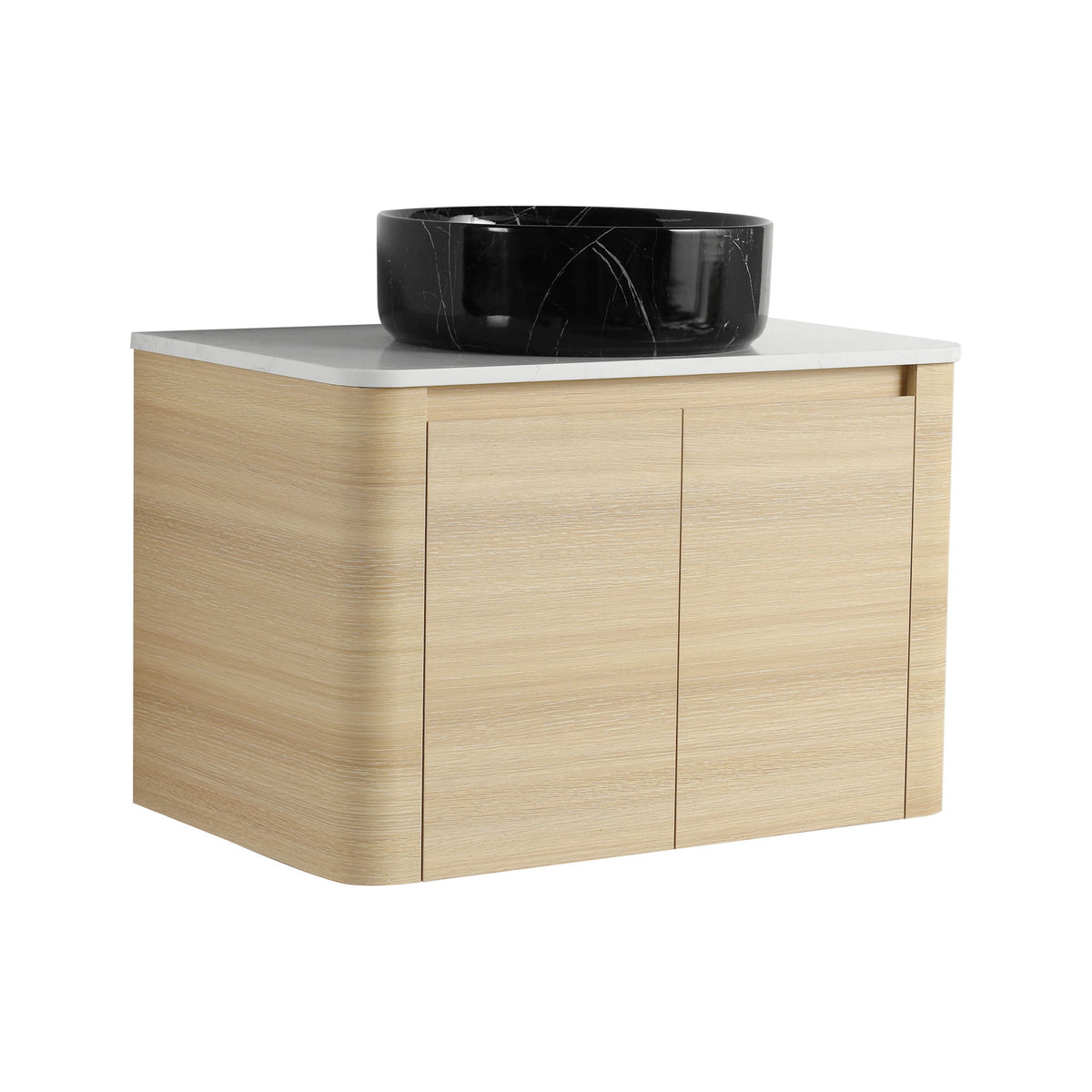 Mounted bathroom vanity with black art sink and 2 soft-close doors, light wood