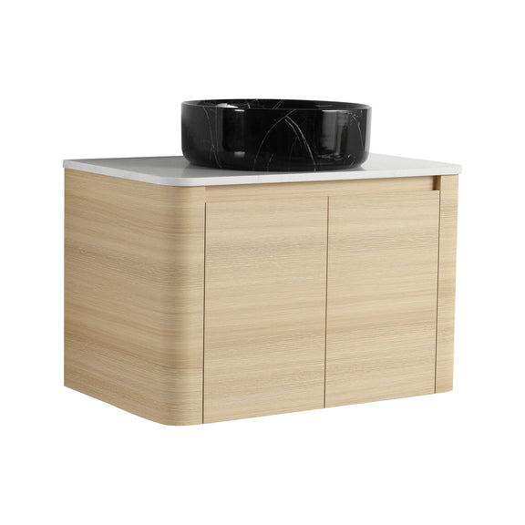 Mounted bathroom vanity with black art sink and 2 soft-close doors, light wood