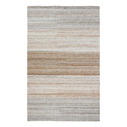 Sand and tan linear striped rug with light gray mottled texture, low pile
