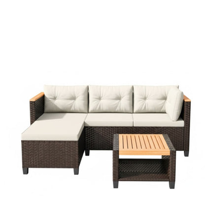 L-shaped patio sectional with beige tufted cushions and dark wicker storage table