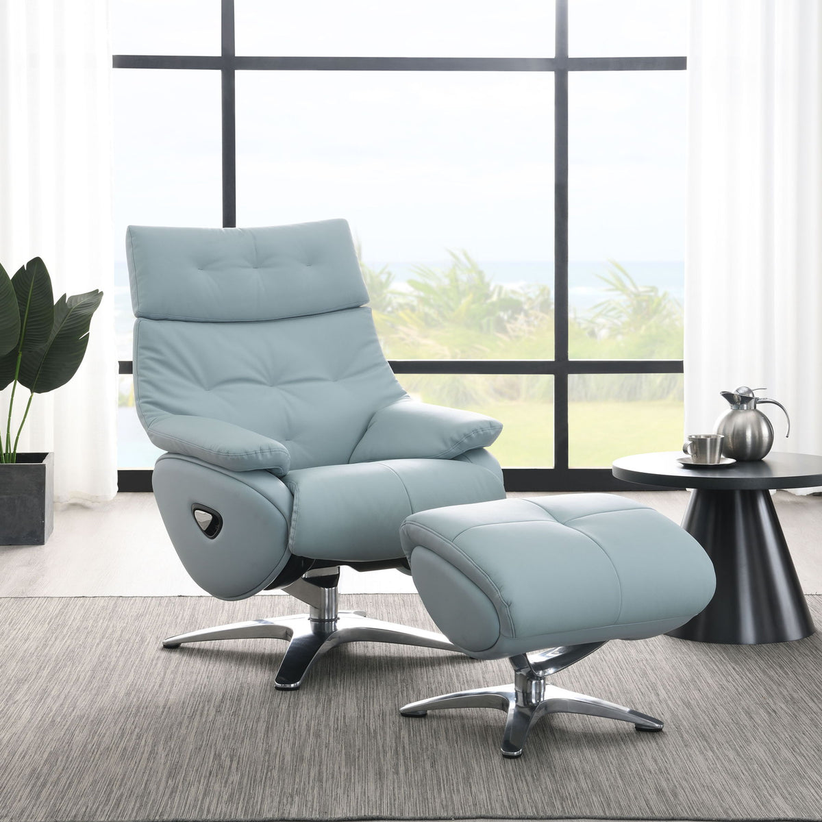 Janella - Top Grain Leather Accent Chair With Swivel & Ottoman - Baby Blue