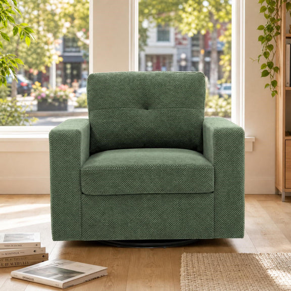 Dark green fabric single sofa chair with padded armrests and supportive backrest