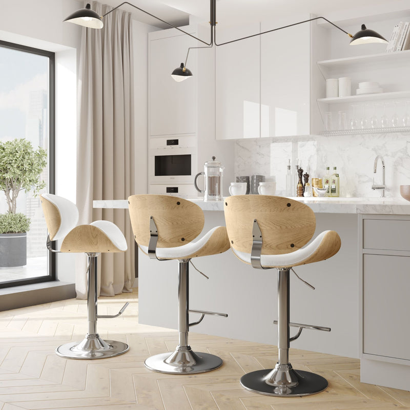 Four bentwood swivel bar stools with light wood seats and chrome pedestal bases