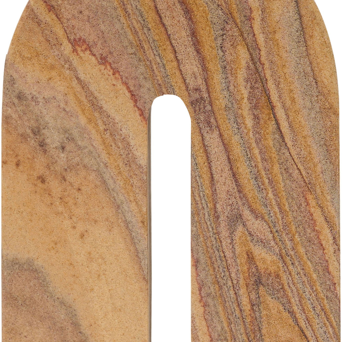 Sandstone bookend front view, tall arched notch with striped tan and brown stone