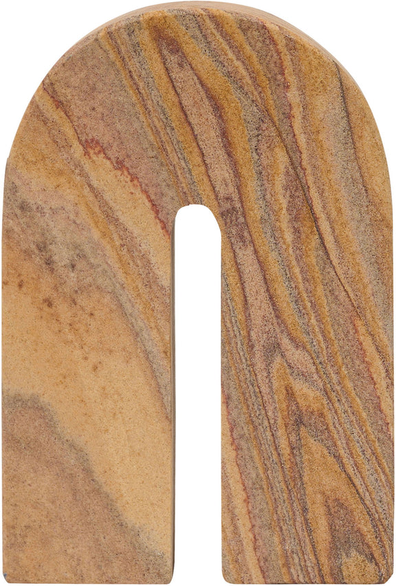 Sandstone bookend front view, tall arched notch with striped tan and brown stone