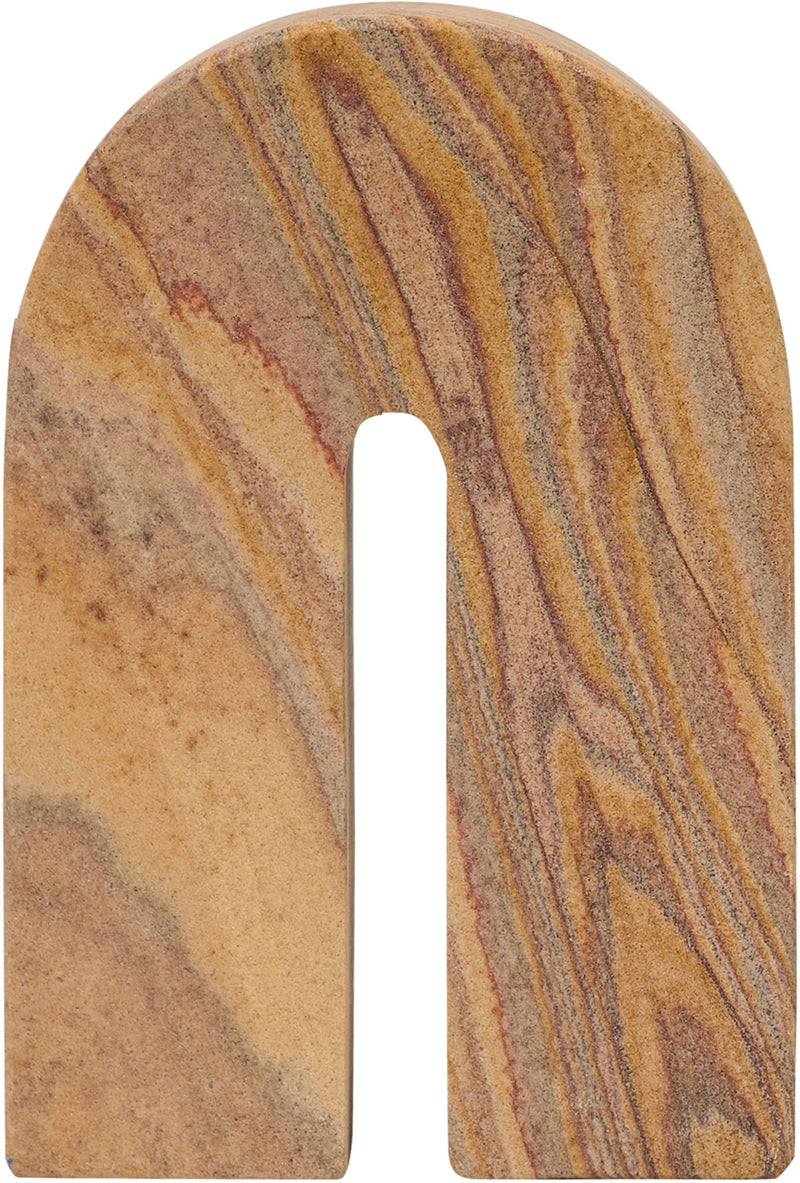 Sandstone bookend front view, tall arched notch with striped tan and brown stone