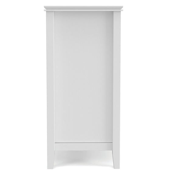 Tall TV media stand in white with open base and flat panel sides