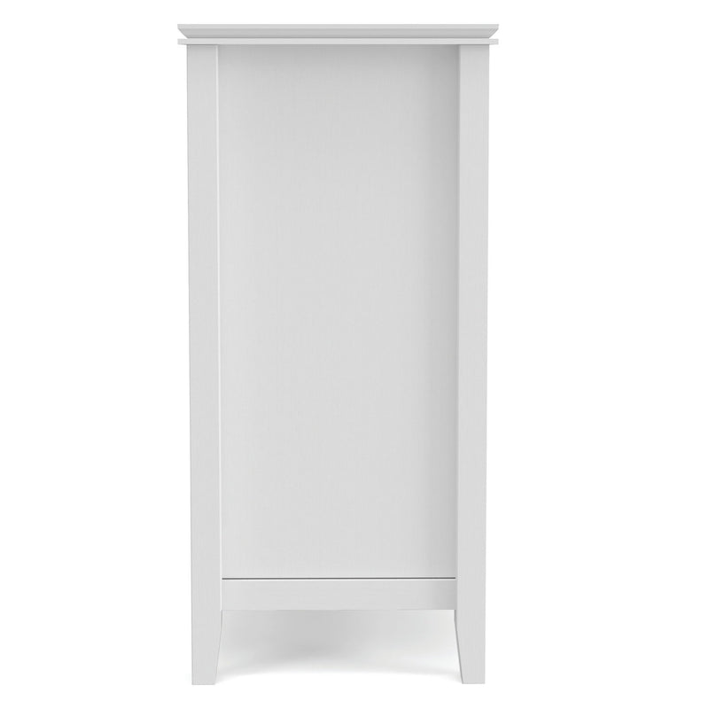 Tall TV media stand in white with open base and flat panel sides