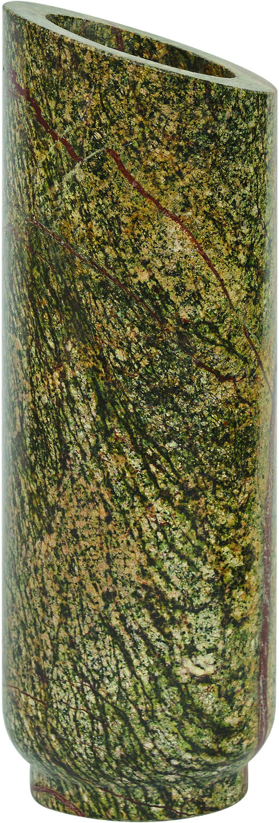 Green genuine marble vase with speckled mottled pattern, cylindrical shape