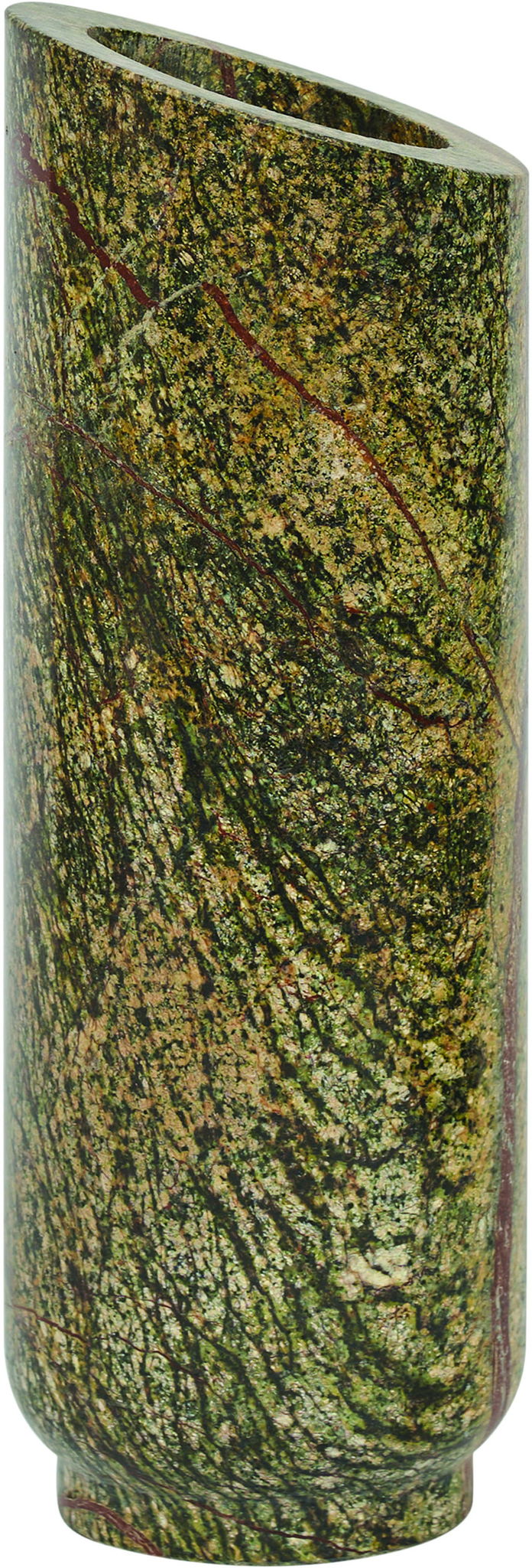 Green genuine marble vase with speckled mottled pattern, cylindrical shape