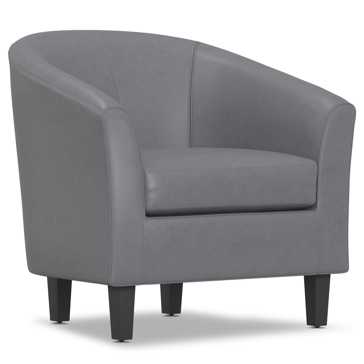 Dark gray transitional tub chair with curved back, padded seat, and square legs
