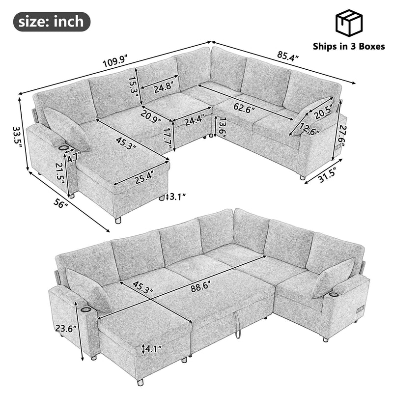 U-shaped sectional sofa bed size and layout diagram with measurements