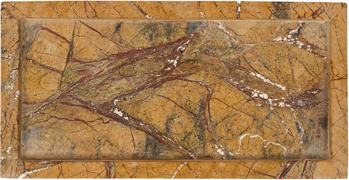Orange and gold marble tray with red-brown veining and raised rim