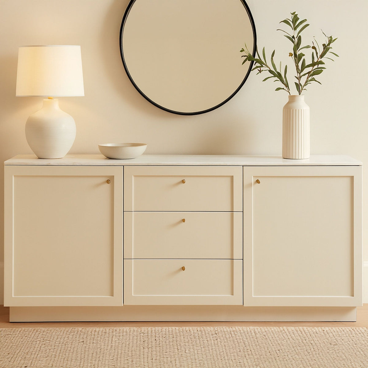 Cream sideboard with two cabinet doors and three central drawers, gold knobs