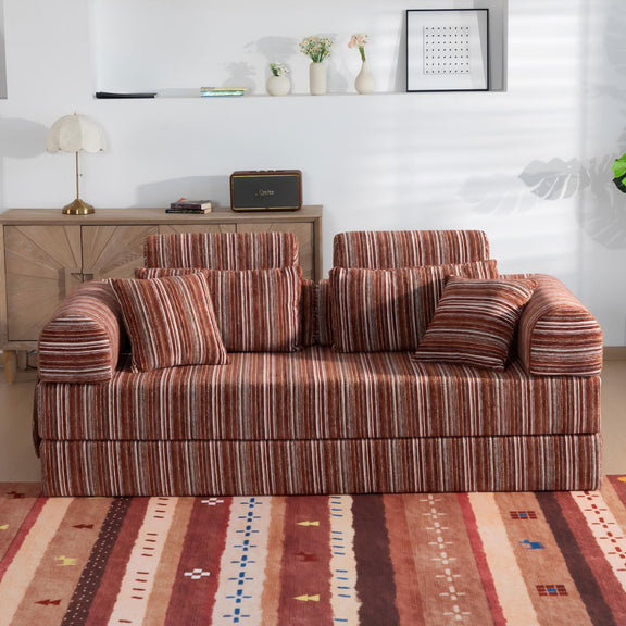 Red striped sleeper sofa with rounded armrests and multiple back cushions