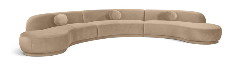 Velvet sectional sofa, beige, rounded chaise, button-tufted cushions