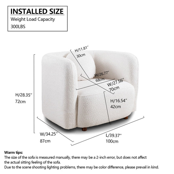 Installed size diagram for white/beige upholstered chair with measurement labels