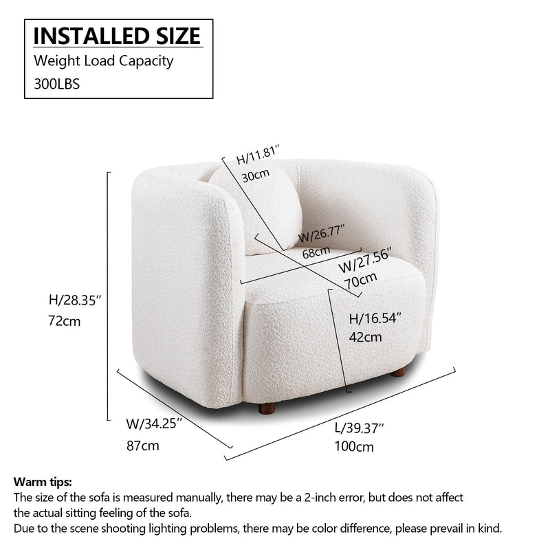 Installed size diagram for white/beige upholstered chair with measurement labels