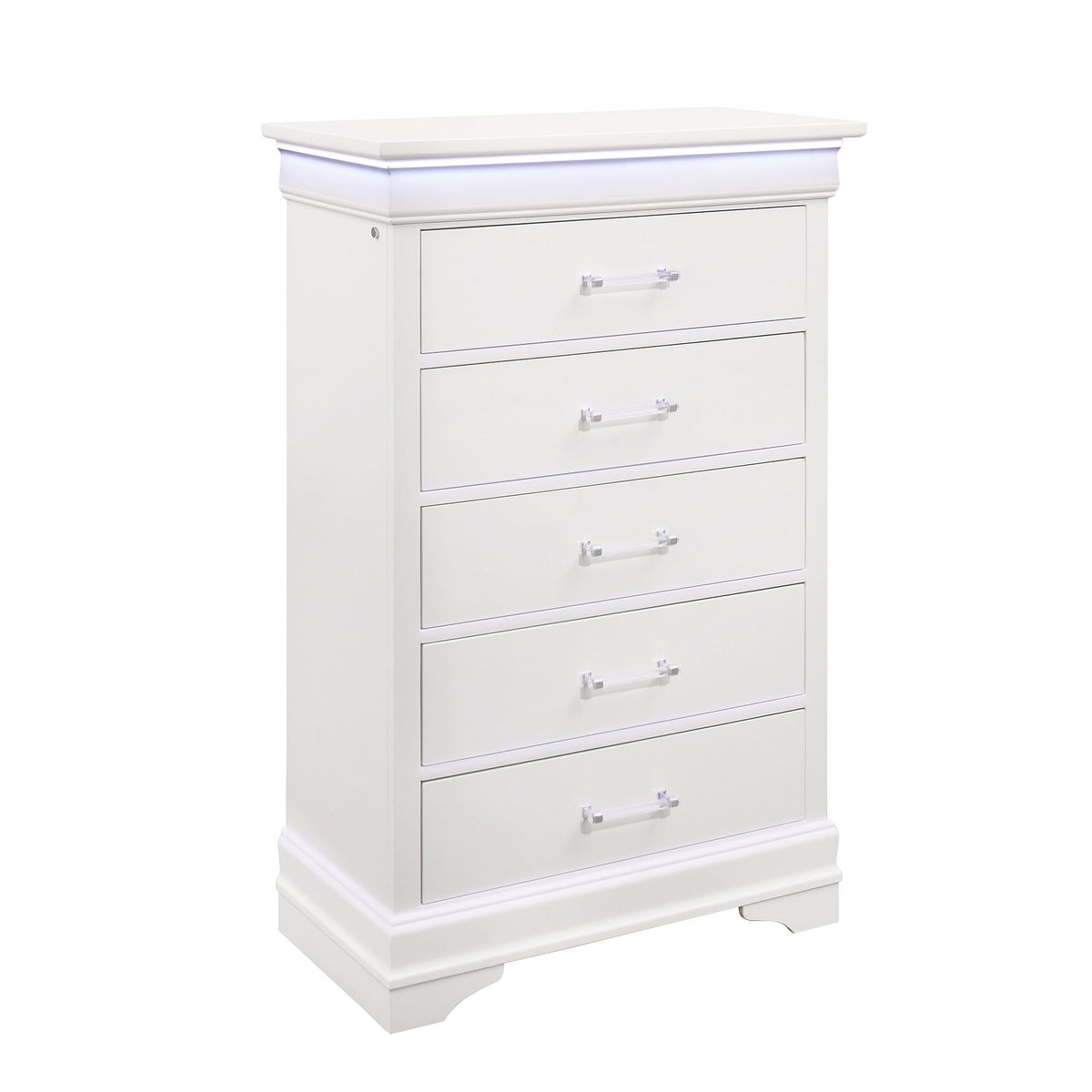 White wooden chest of drawers with four front drawers and chrome bar pulls