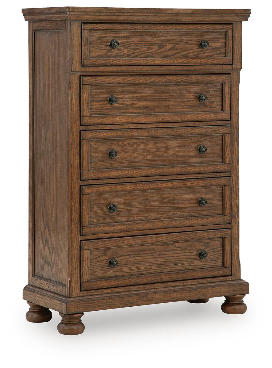 Zackaryn five-drawer chest in warm brown wood, five drawers, bun feet, metal knobs.