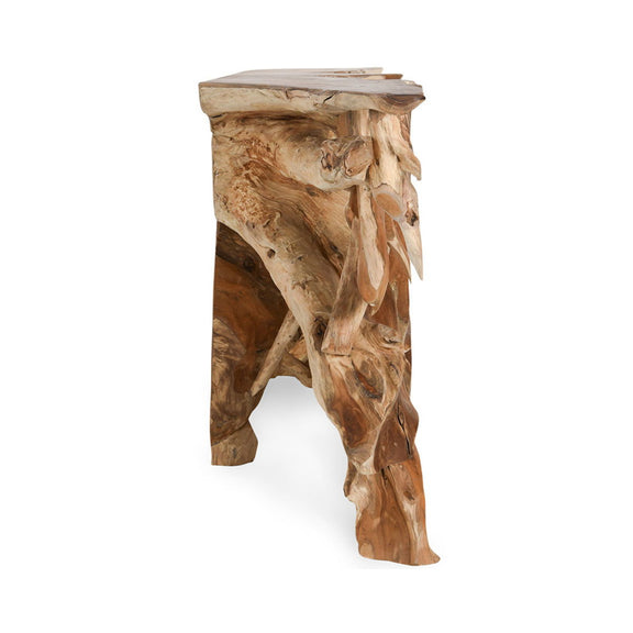 Natural wood console table with thick slab top and carved root side leg