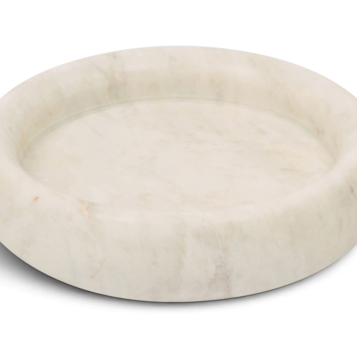 White marble round tray with smooth rim and faint natural stone lines.