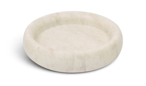 White marble round tray with smooth rim and faint natural stone lines.
