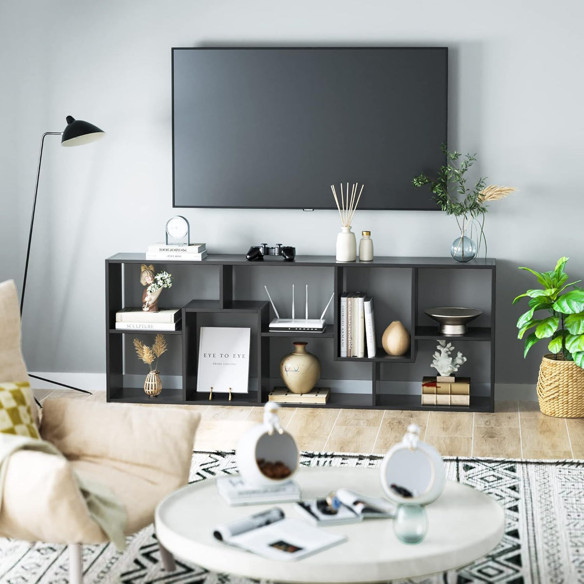 Black 5-tier asymmetrical display shelf with open cubby compartments