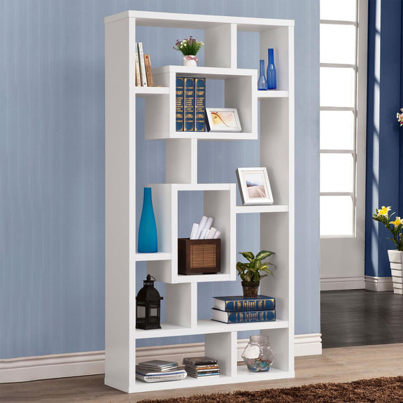 White open-back bookcase styled with books, framed photos, and vases on open shelves