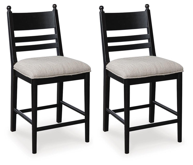 Set of 2 black upholstered barstools with padded seats and slatted backs