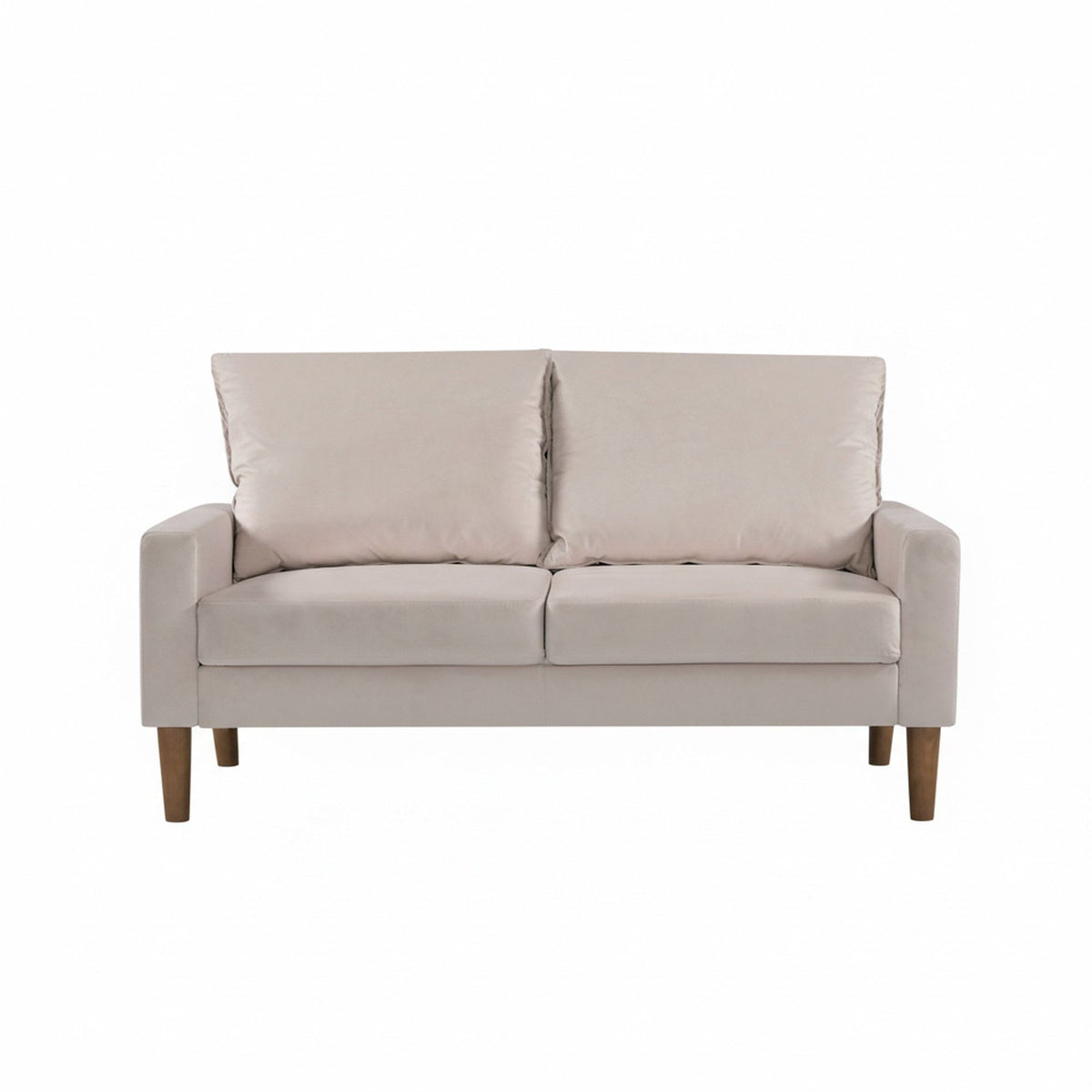 Upholstered 2-seater loveseat sofa in beige with two back cushions and square armrests