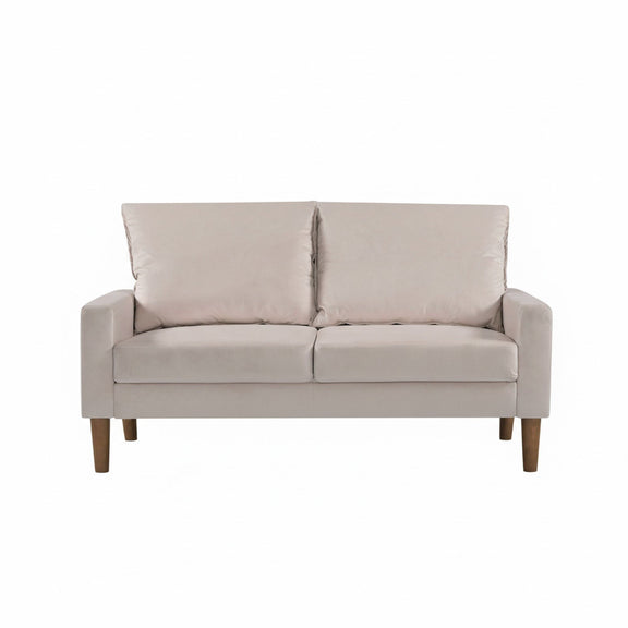 Upholstered 2-seater loveseat sofa in beige with two back cushions and square armrests