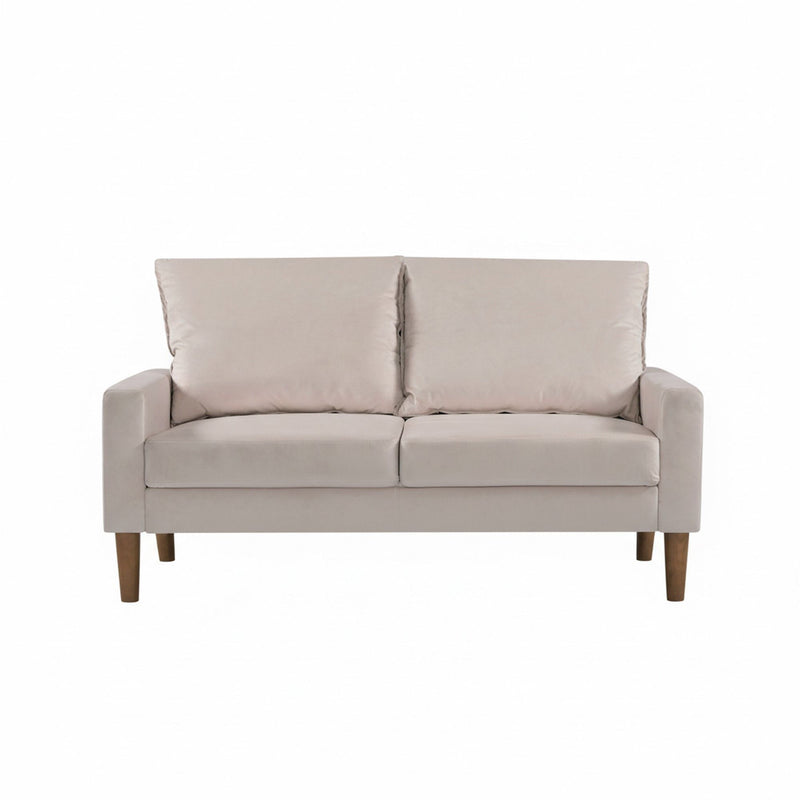 Upholstered 2-seater loveseat sofa in beige with two back cushions and square armrests