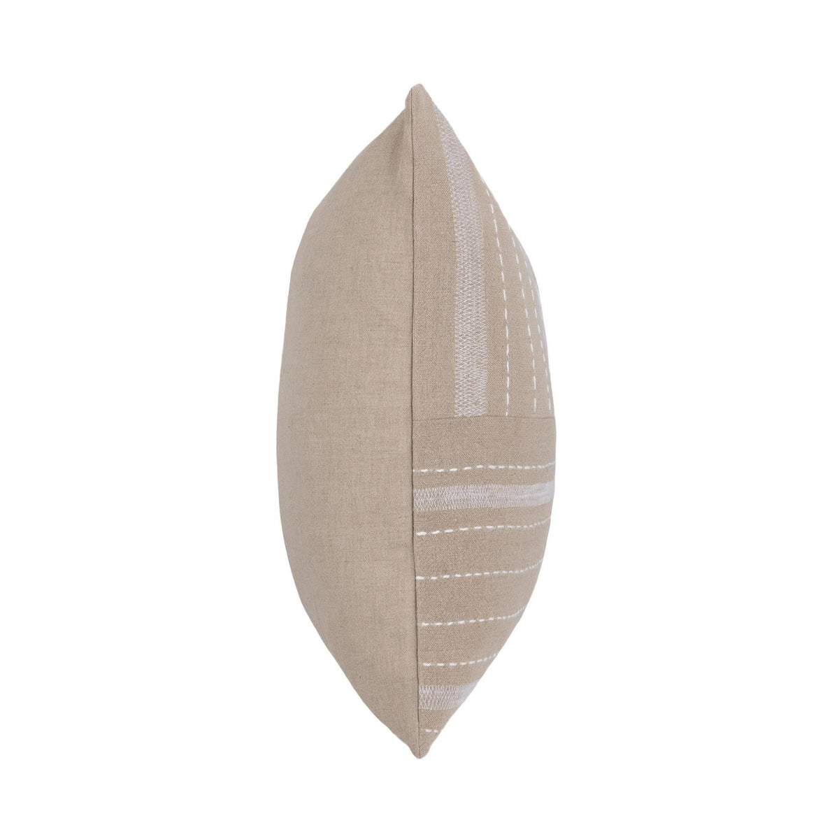 Natural linen-look origin pillow with taupe striped patchwork and dashed stitching