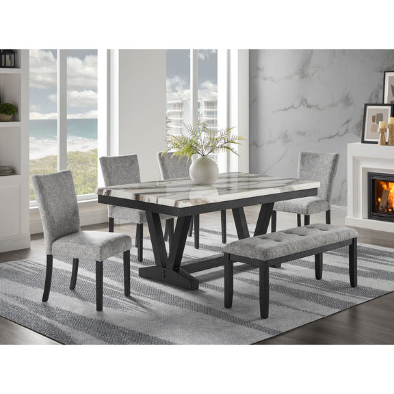 Gray upholstered dining bench with tufted seat and dark legs in a dining setting