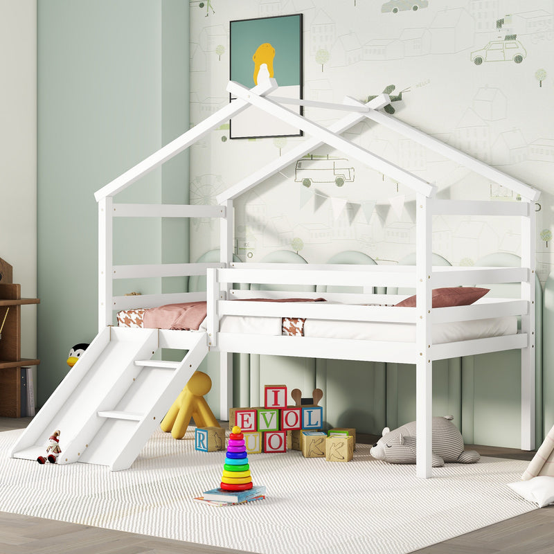 Twin Low Loft House Bed with Slide, Ladder, Safety Guardrails, House Roof Frame, White