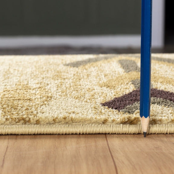 Beige area rug pile texture close-up with tasseled edge and thin border stripe