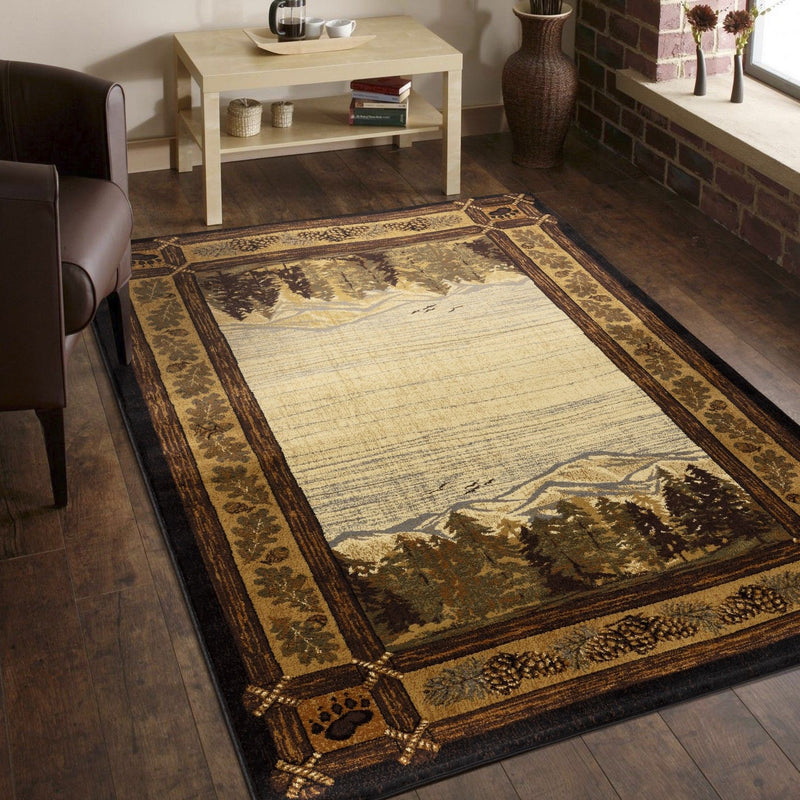 Rectangular lodge area rug with cream center, dark brown and gold vine border