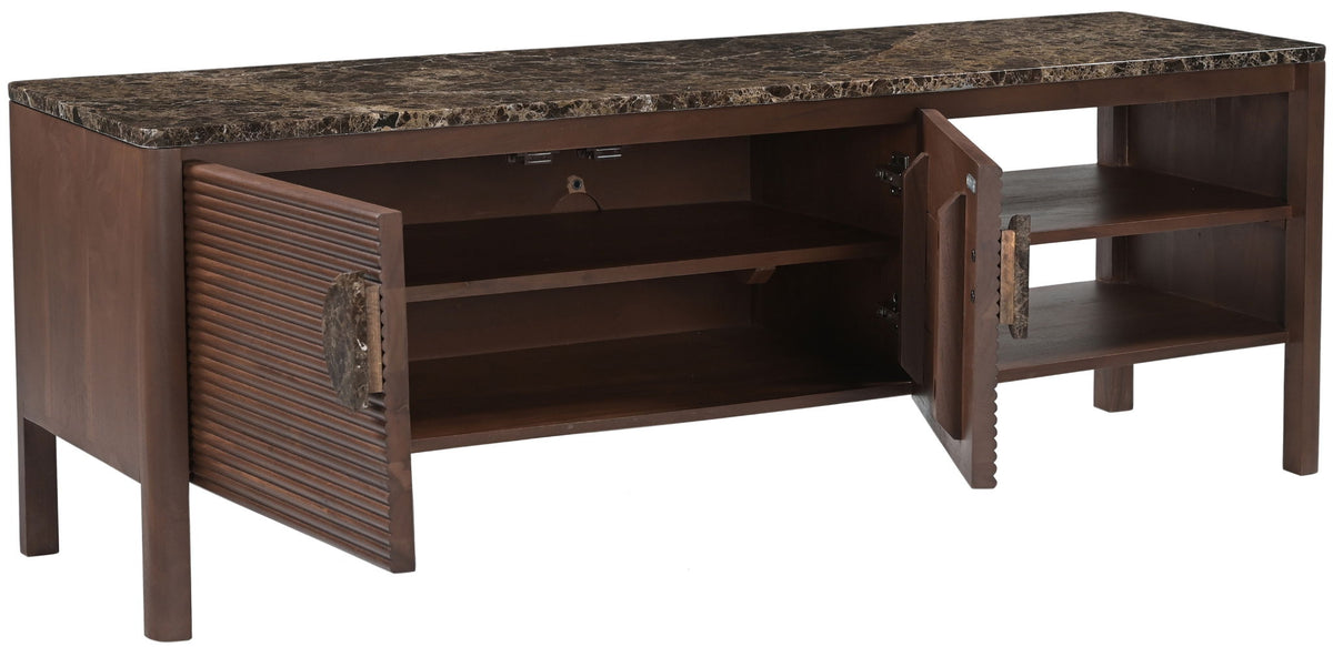 Varenna acacia wood media console with hinged slatted door open to reveal storage