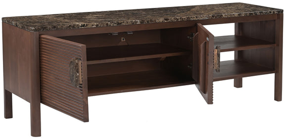 Varenna acacia wood media console with hinged slatted door open to reveal storage