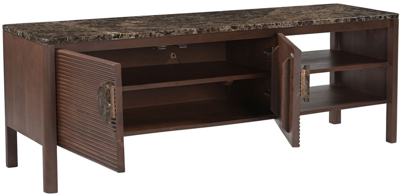 Varenna acacia wood media console with hinged slatted door open to reveal storage