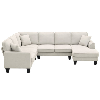 Modern U Shape Sectional Sofa, 7 Seat Fabric Sectional Sofa Set With 3 Pillows Included For Living Room, Apartment, Office