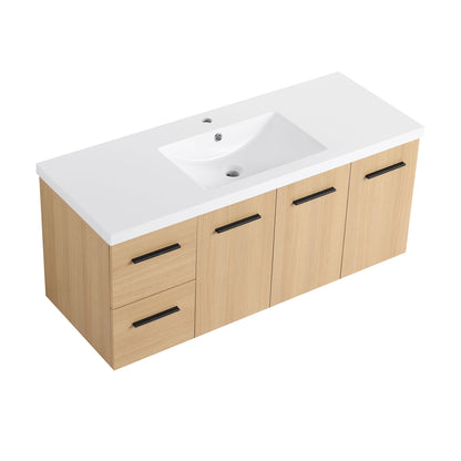 Light brown bathroom vanity cabinet with white countertop and rectangular sink, 3 drawers and 2 doors