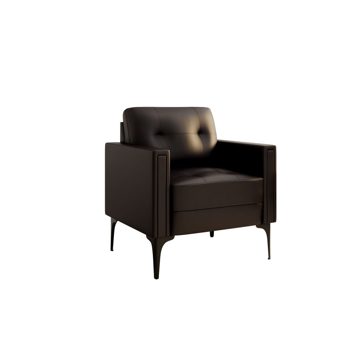 Dark brown modern armchair with padded arms and tufted back
