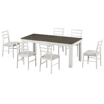 Dining set with extendable table and 4 wooden chairs with light upholstery, white frames