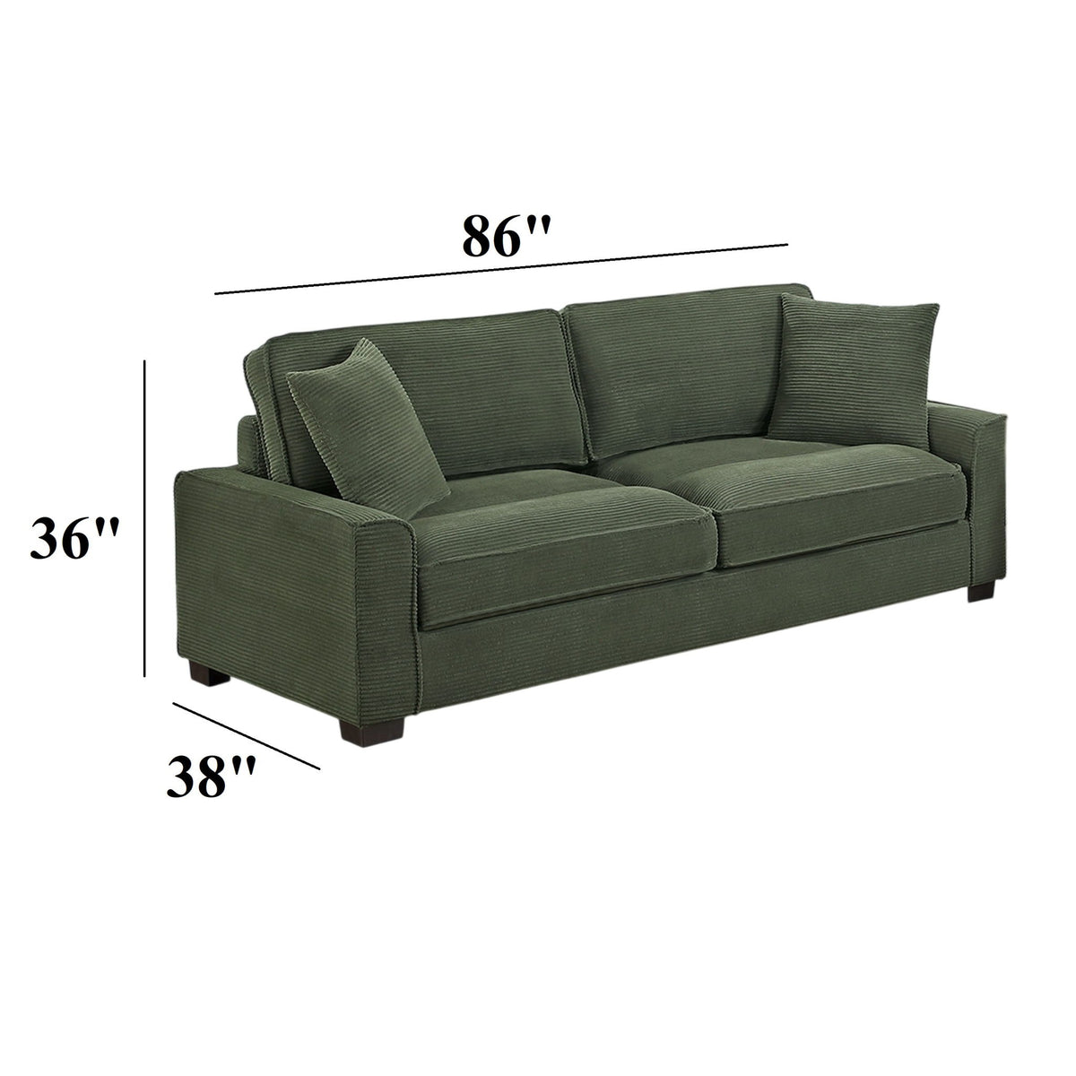 Forest green loveseat with accent pillows, 86 in wide, 36 in high, 38 in deep