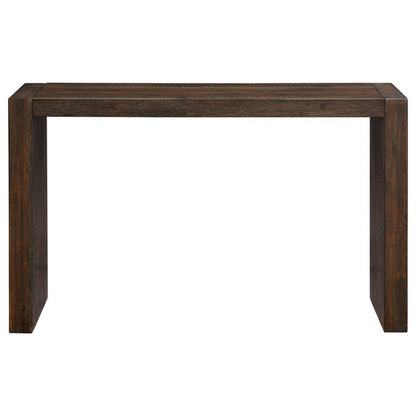 Dark brown console table with flat top and squared legs, open underside